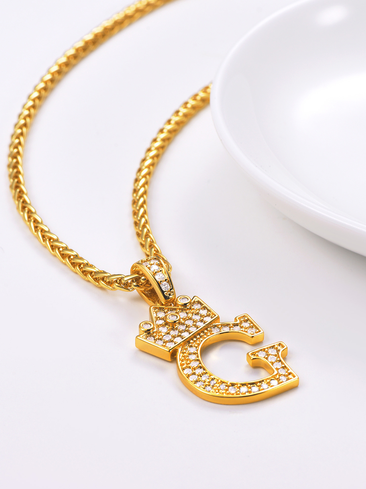 Crown Initial G Pendant Iced Out Necklace with CZ in 18K Gold