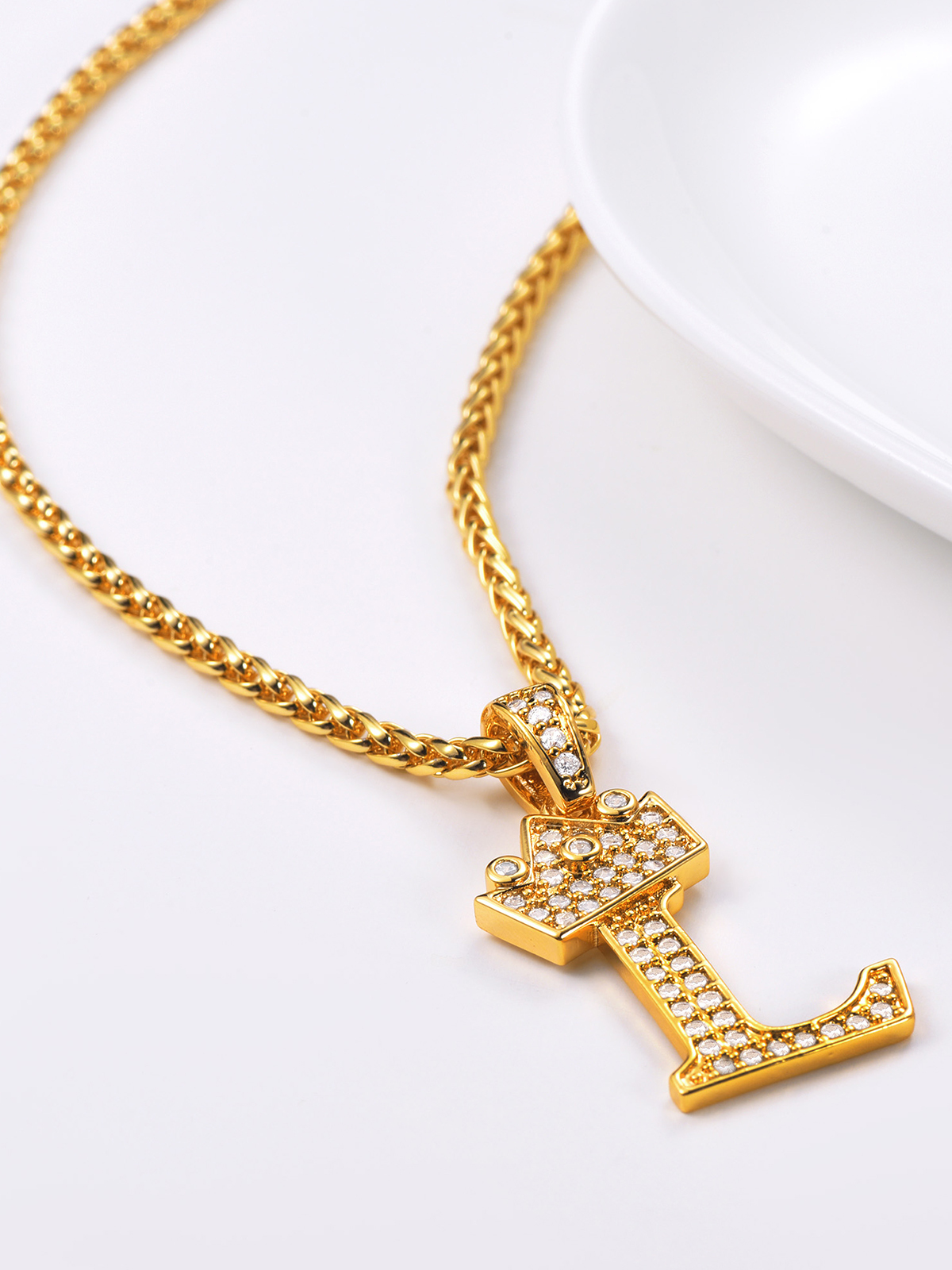 Crown Initial L Pendant Iced Out Necklace with CZ in 18K Gold