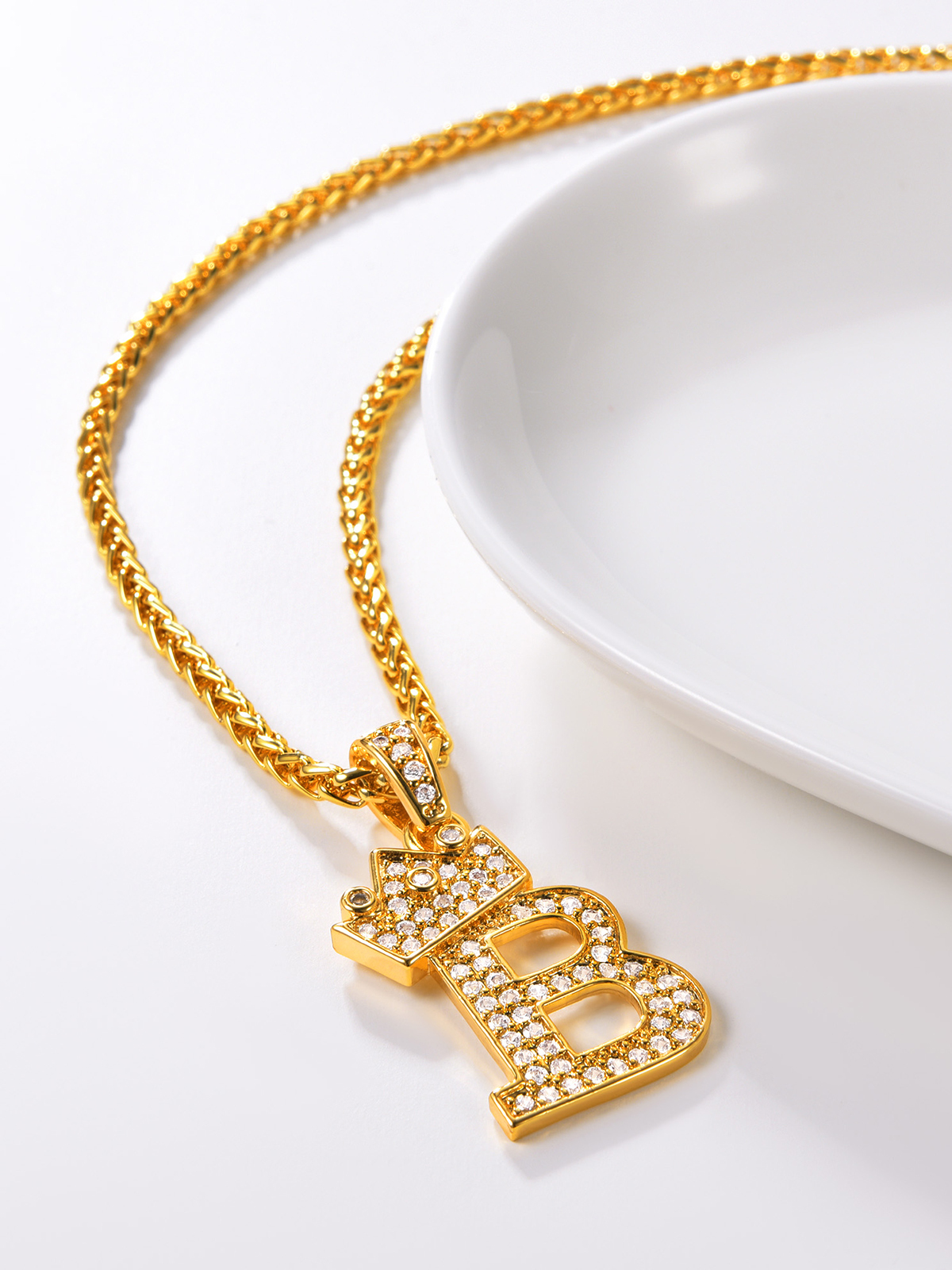 Crown Initial Pendant Iced Out Necklace with CZ in 18K Gold