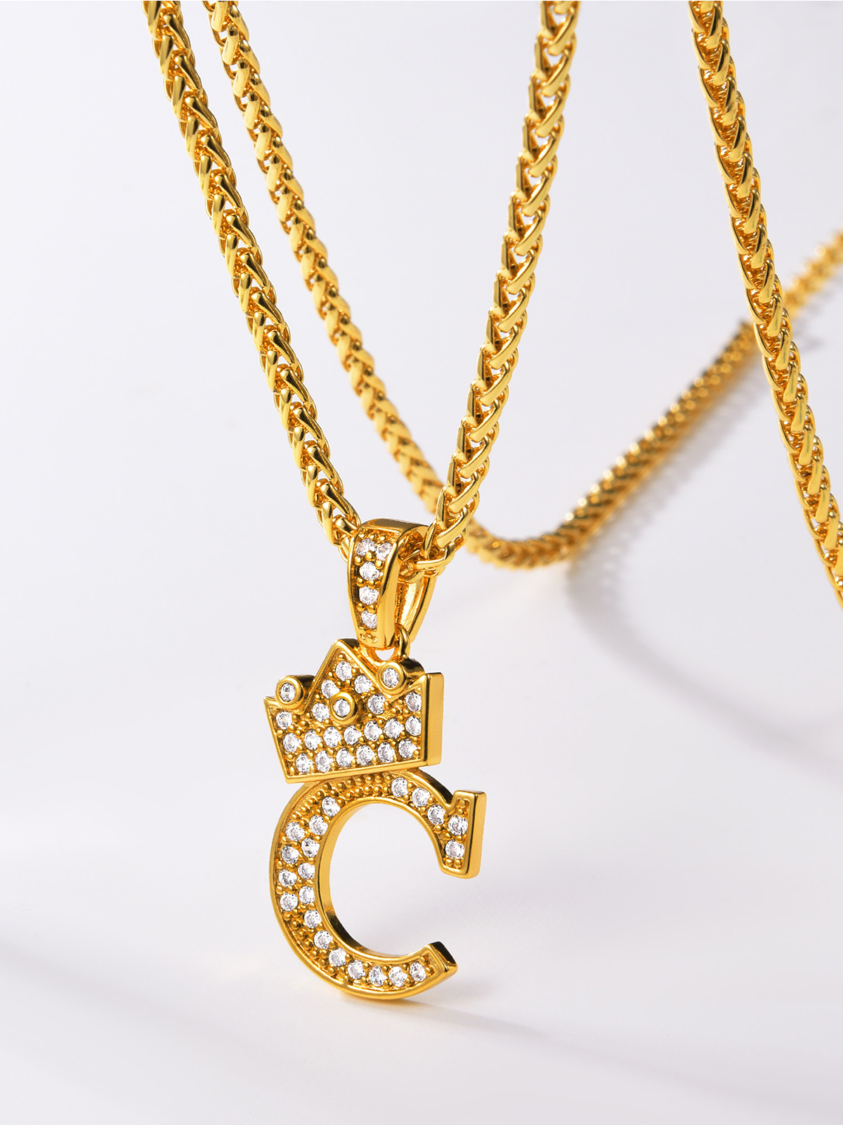 Crown Initial C Pendant Iced Out Necklace with CZ in 18K Gold