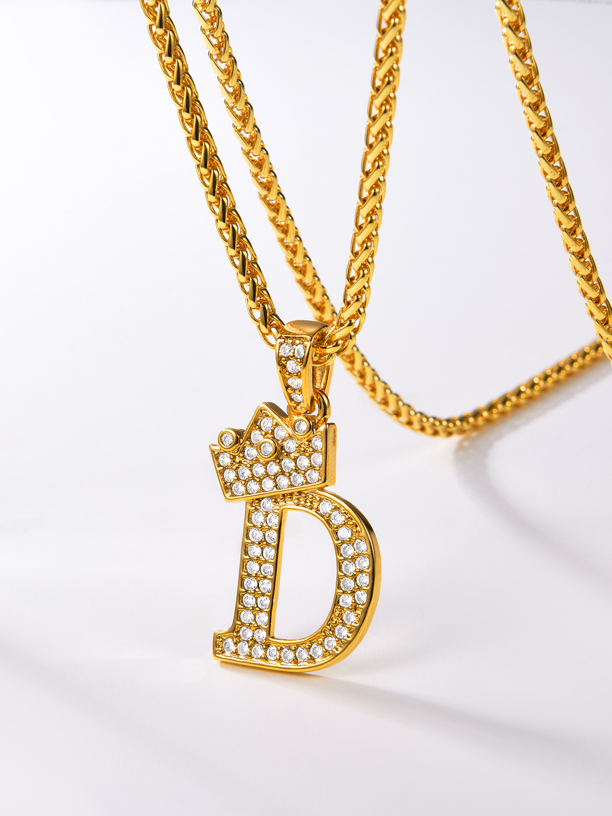 Crown Initial D Pendant Iced Out Necklace with CZ in 18K Gold
