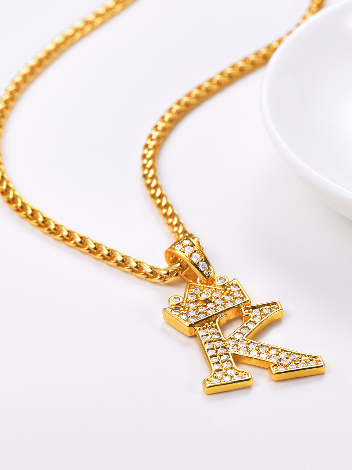 Crown Initial K Pendant Iced Out Necklace with CZ in 18K Gold