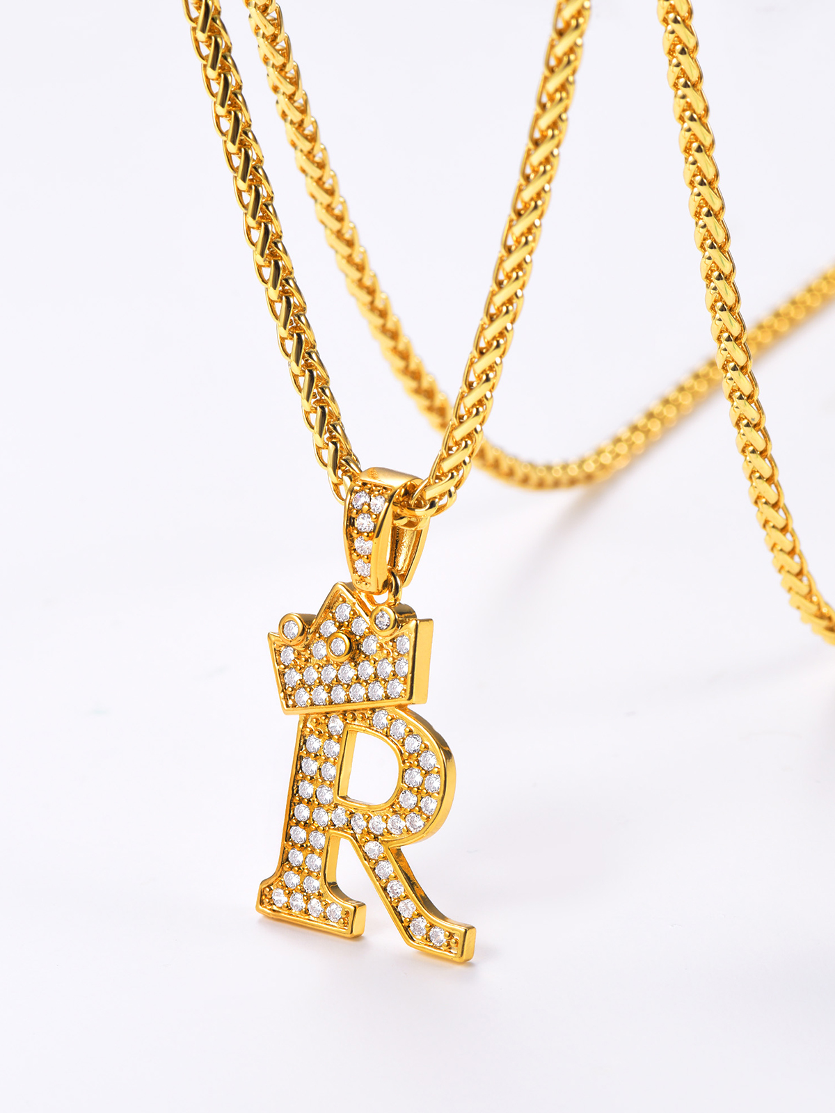 Crown Initial R Pendant Iced Out Necklace with CZ in 18K Gold