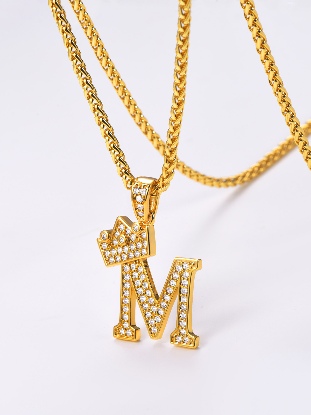 Crown Initial M Pendant Iced Out Necklace with CZ in 18K Gold