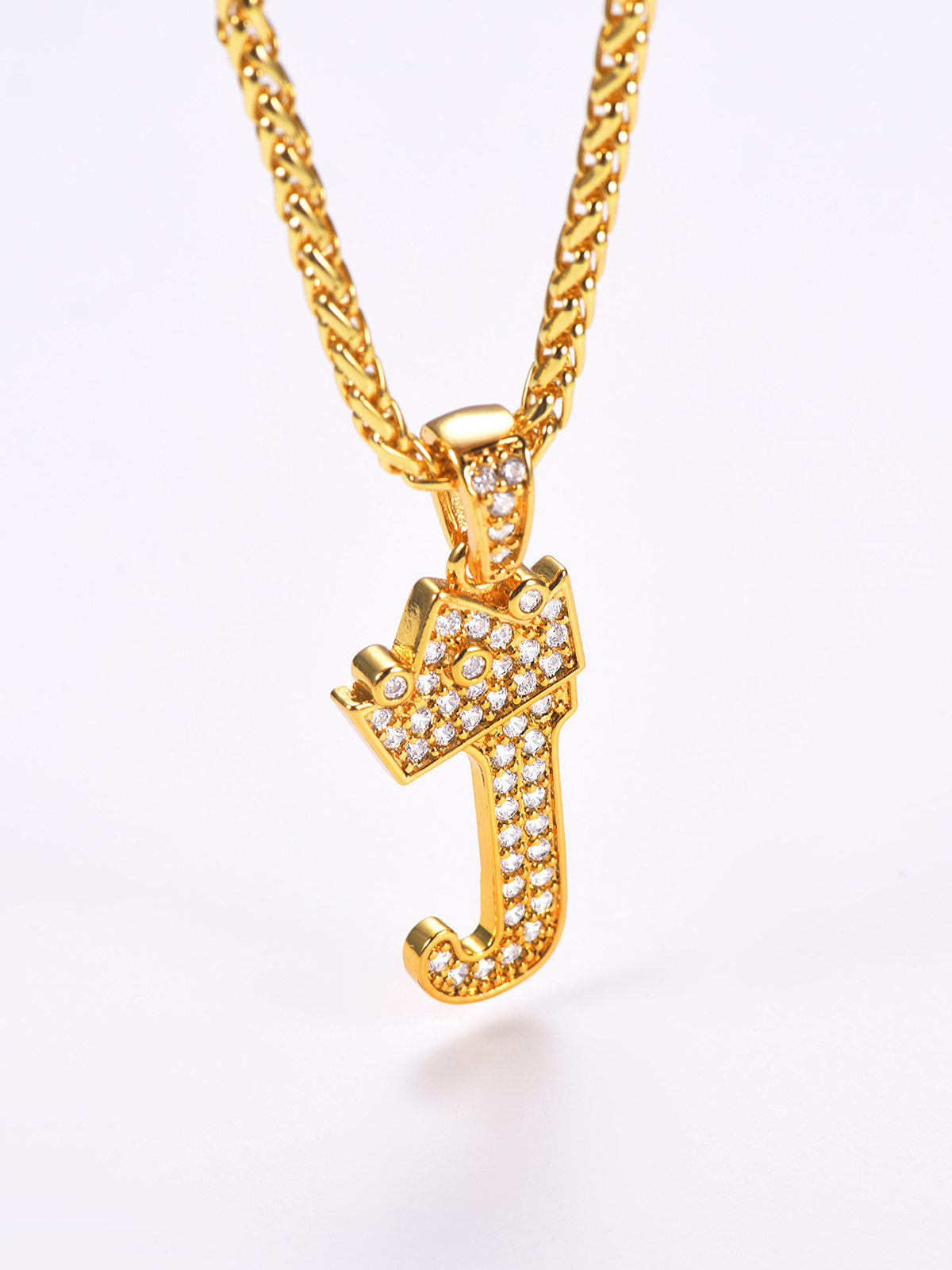 Crown Initial J Pendant Iced Out Necklace with CZ in 18K Gold