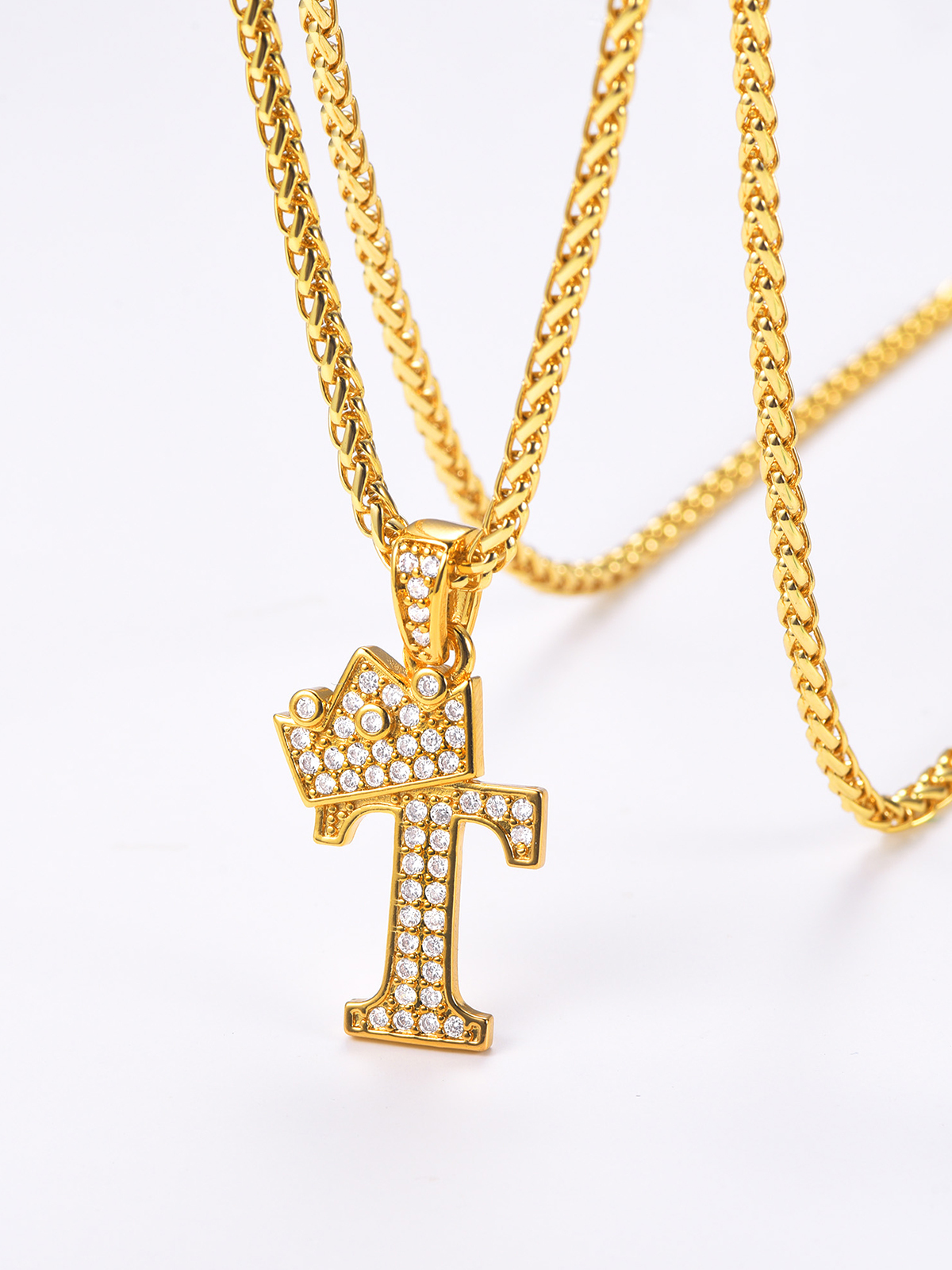 Crown Initial T Pendant Iced Out Necklace with CZ in 18K Gold