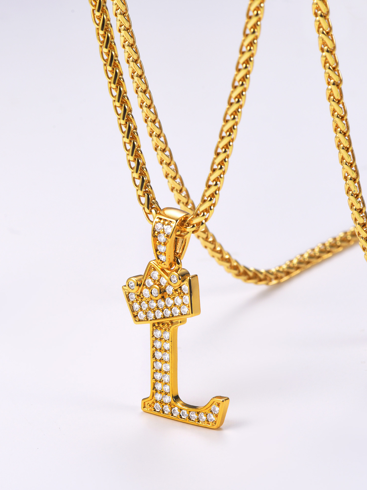Crown Initial L Pendant Iced Out Necklace with CZ in 18K Gold