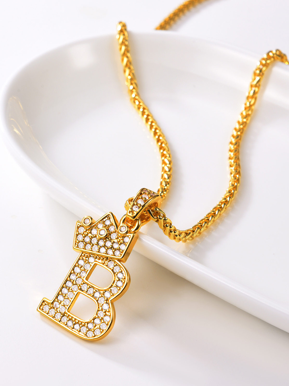 Crown Initial Pendant Iced Out Necklace with CZ in 18K Gold