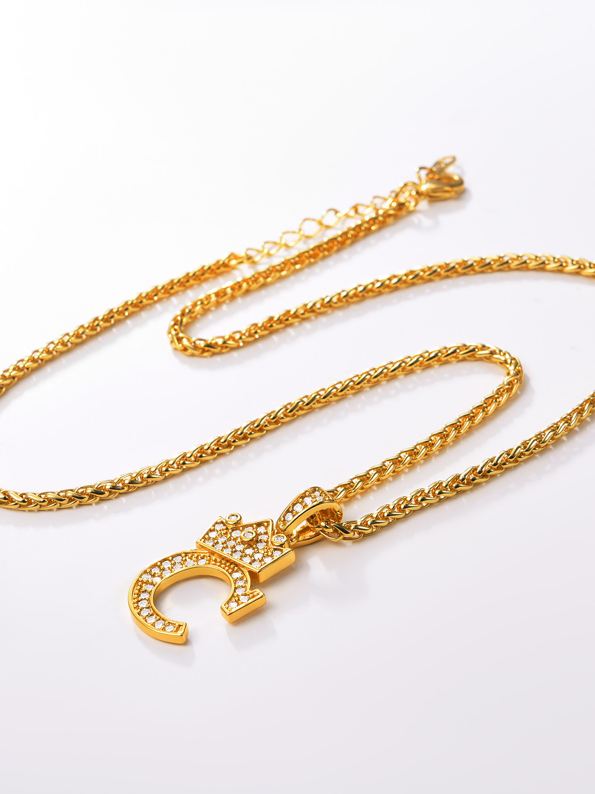 Crown Initial C Pendant Iced Out Necklace with CZ in 18K Gold