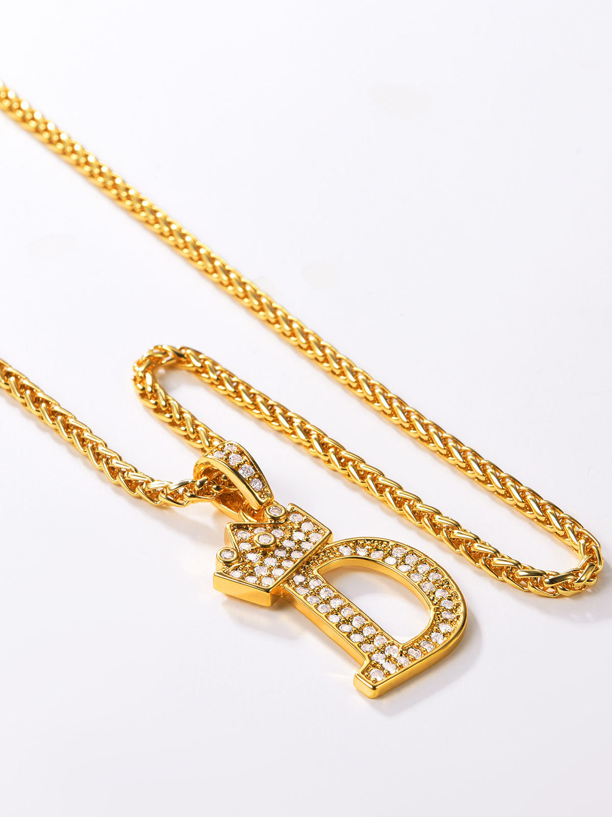 Crown Initial D Pendant Iced Out Necklace with CZ in 18K Gold