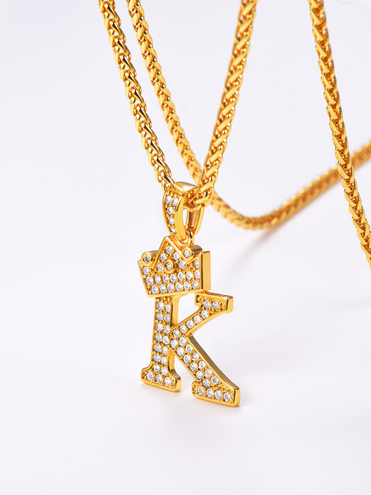 Crown Initial K Pendant Iced Out Necklace with CZ in 18K Gold