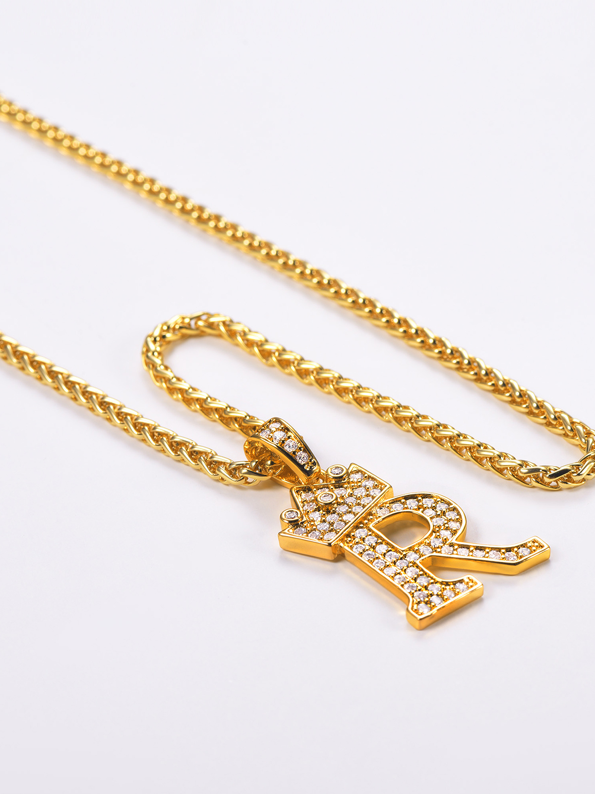 Crown Initial R Pendant Iced Out Necklace with CZ in 18K Gold