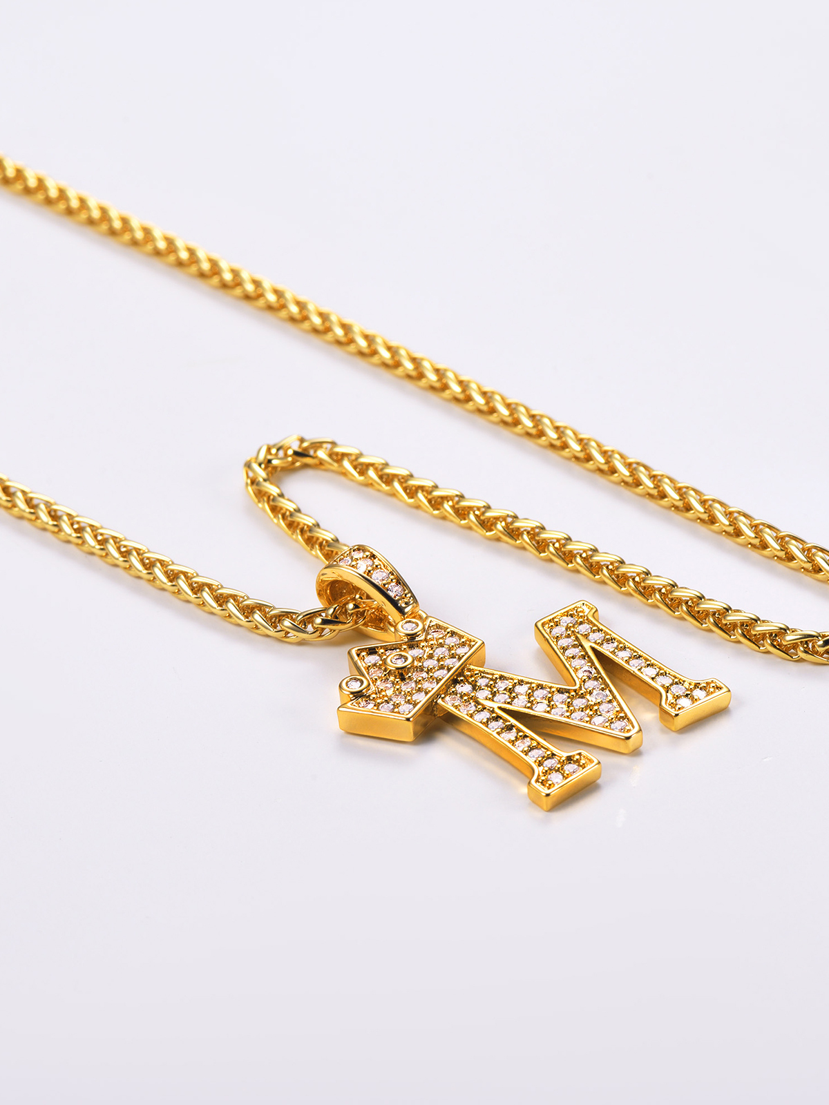 Crown Initial M Pendant Iced Out Necklace with CZ in 18K Gold