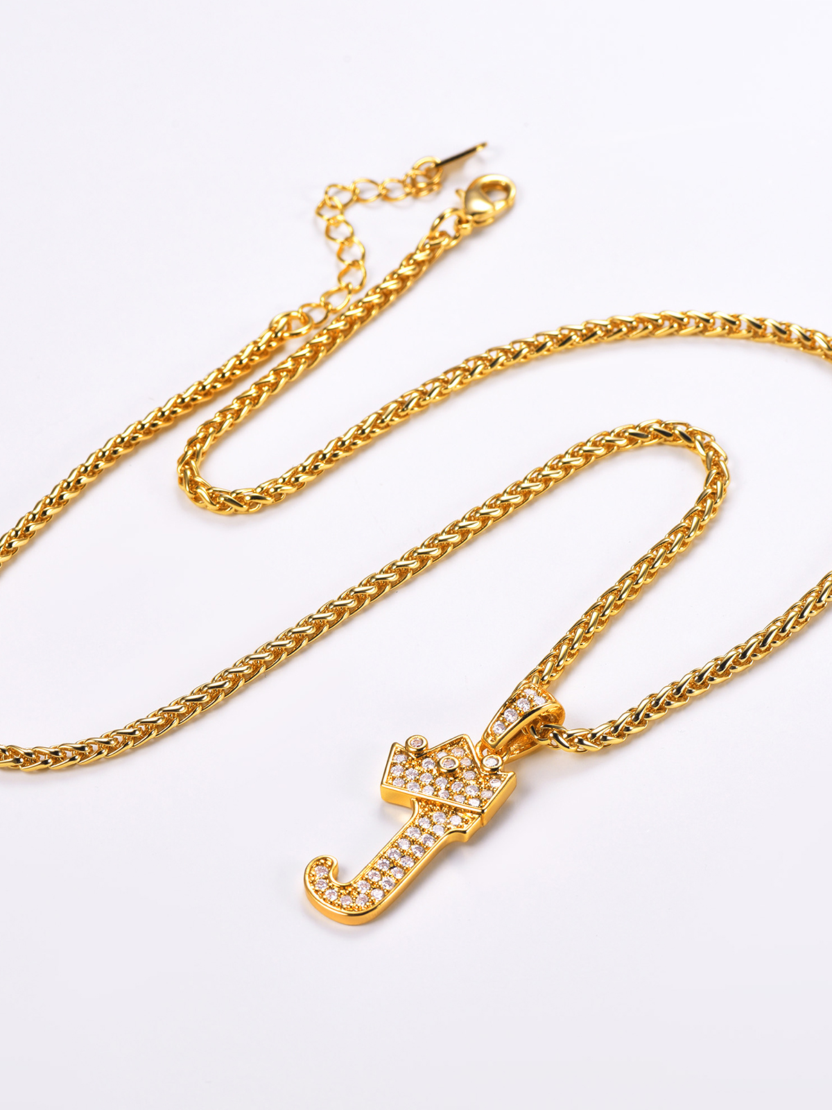 Crown Initial J Pendant Iced Out Necklace with CZ in 18K Gold