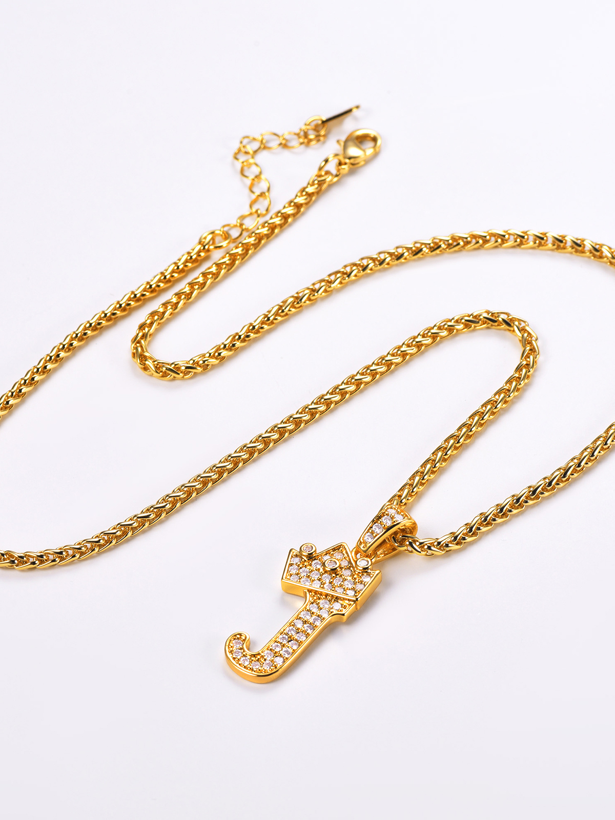 Crown Initial J Pendant Iced Out Necklace with CZ in 18K Gold