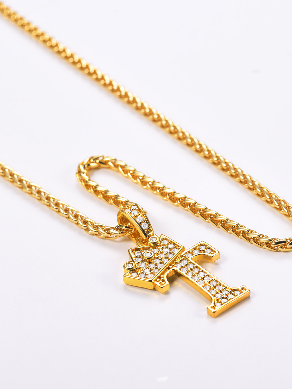 Crown Initial T Pendant Iced Out Necklace with CZ in 18K Gold