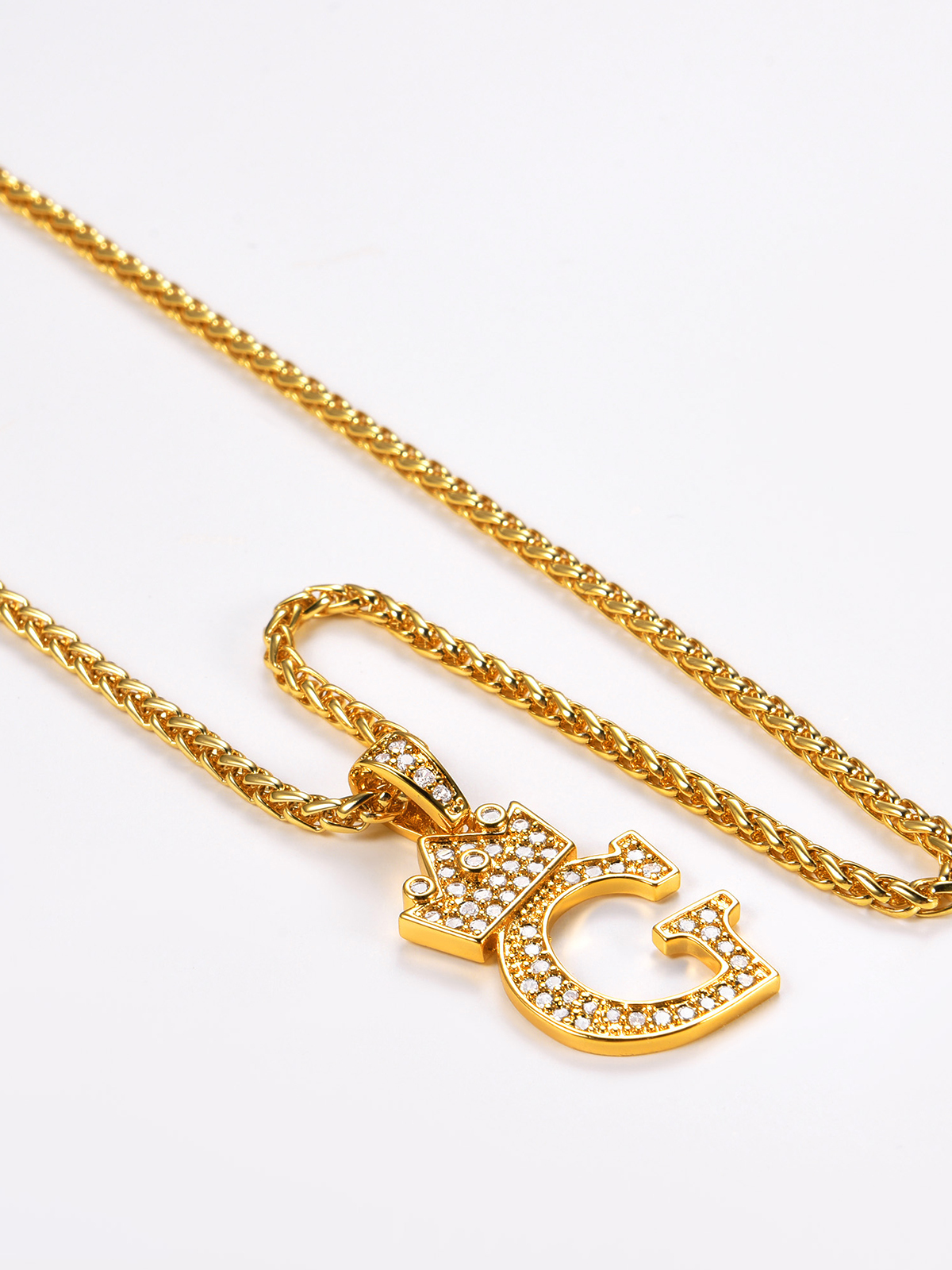Crown Initial G Pendant Iced Out Necklace with CZ in 18K Gold