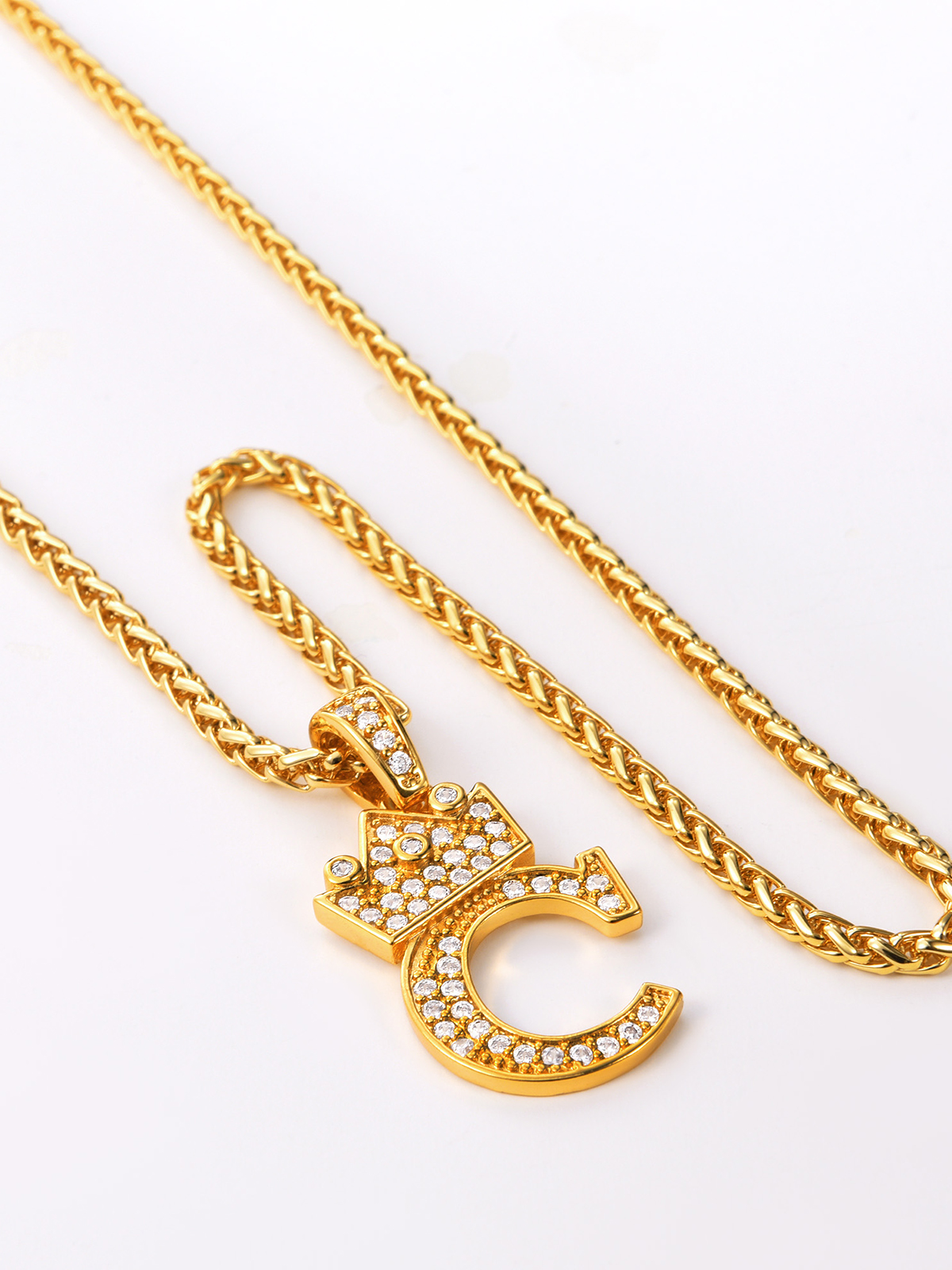 Crown Initial C Pendant Iced Out Necklace with CZ in 18K Gold