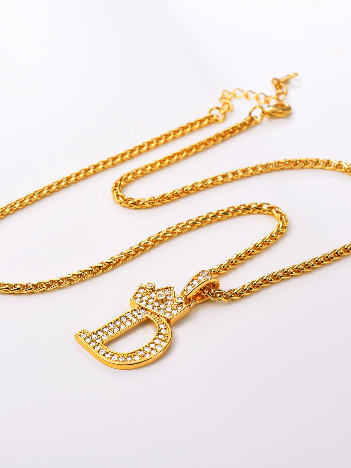 Crown Initial D Pendant Iced Out Necklace with CZ in 18K Gold