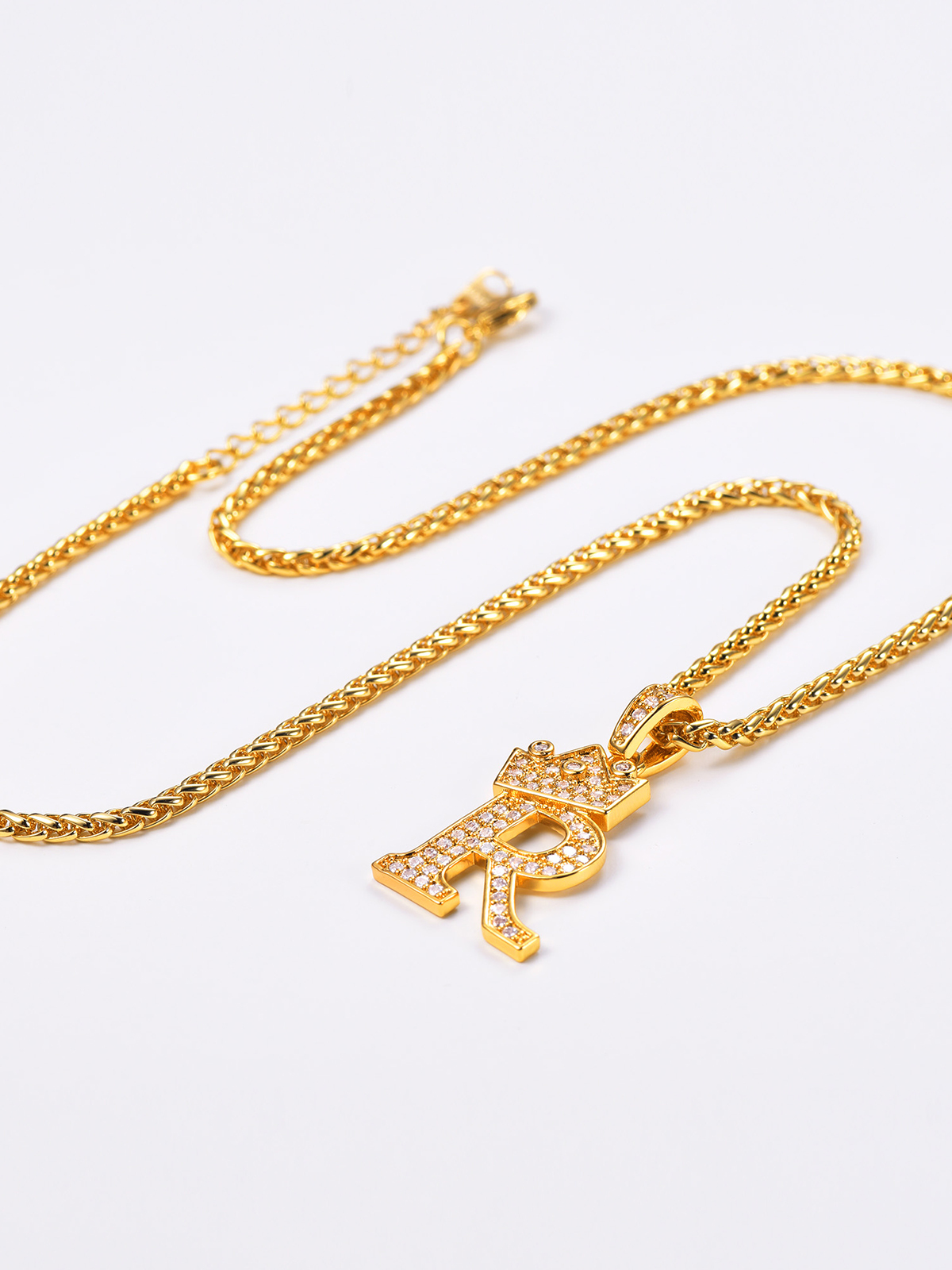 Crown Initial R Pendant Iced Out Necklace with CZ in 18K Gold