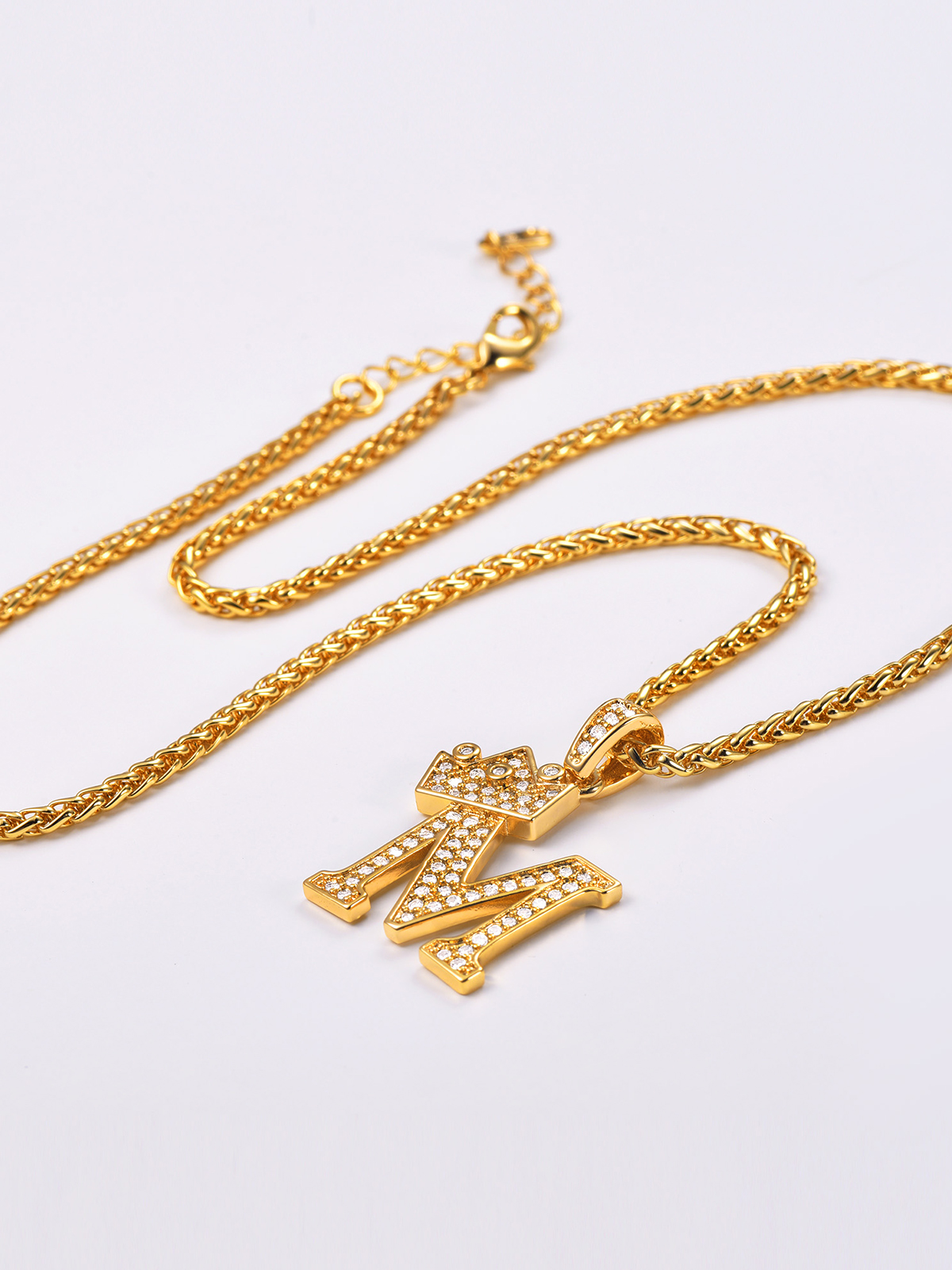 Crown Initial M Pendant Iced Out Necklace with CZ in 18K Gold