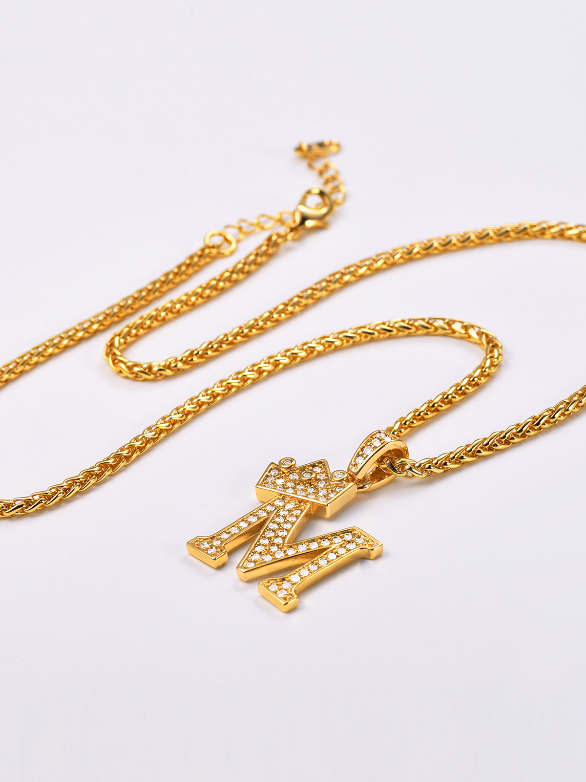Crown Initial M Pendant Iced Out Necklace with CZ in 18K Gold