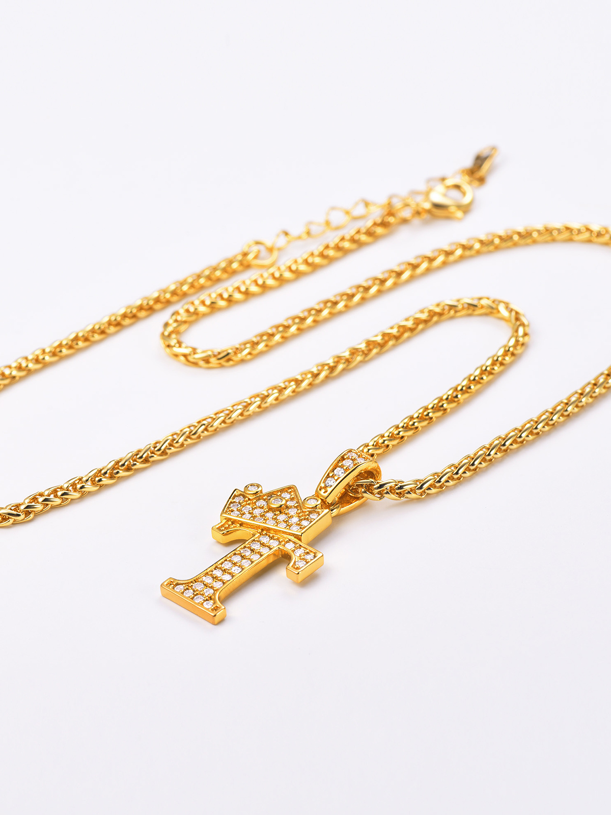 Crown Initial T Pendant Iced Out Necklace with CZ in 18K Gold