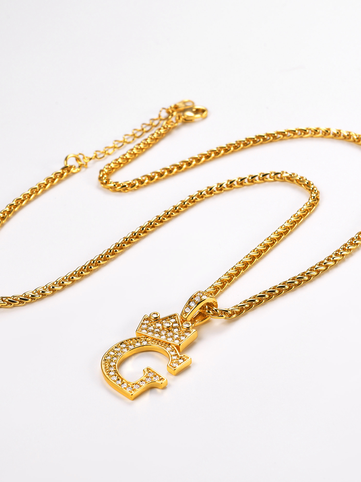 Crown Initial G Pendant Iced Out Necklace with CZ in 18K Gold