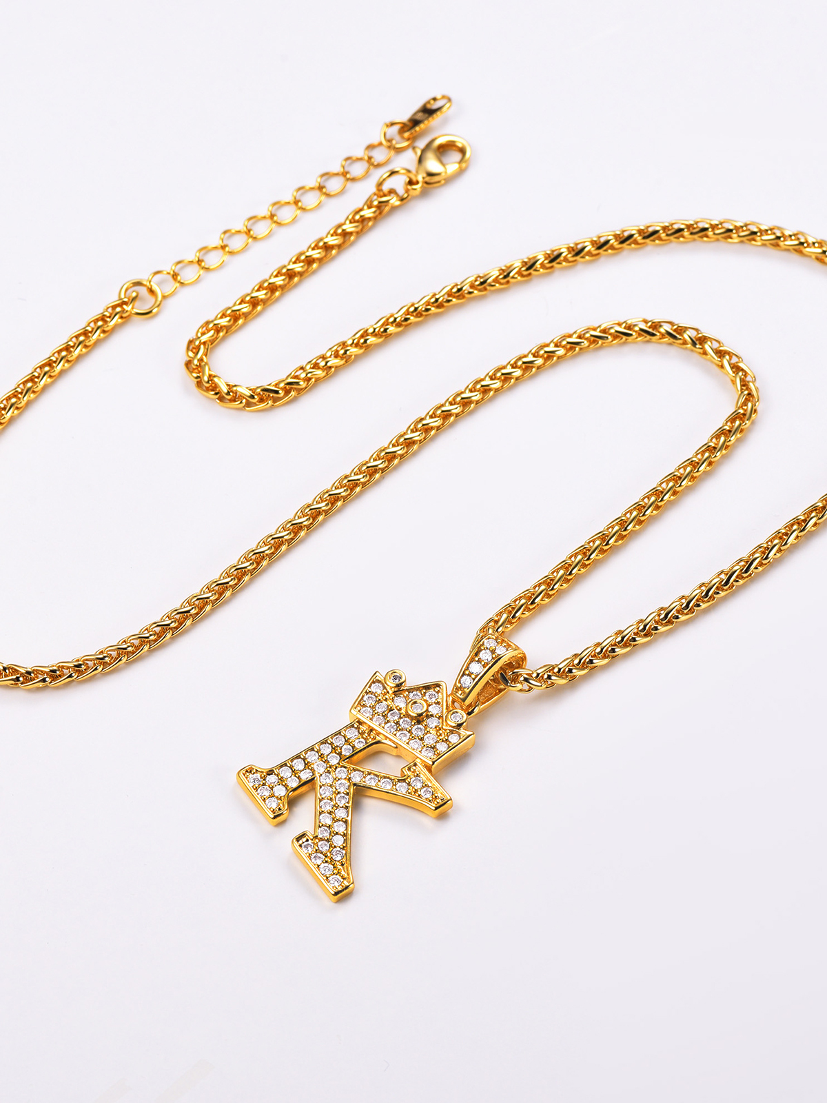 Crown Initial K Pendant Iced Out Necklace with CZ in 18K Gold