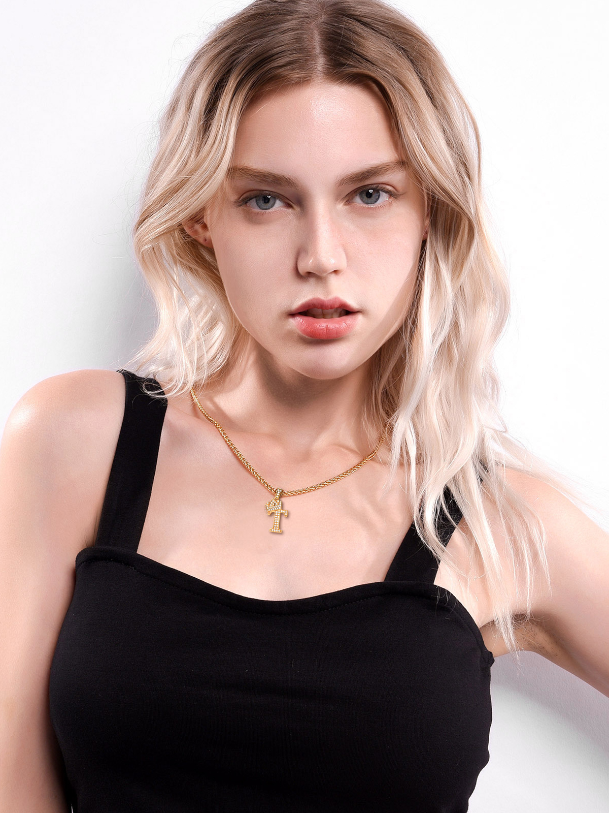 Crown Initial T Pendant Iced Out Necklace with CZ in 18K Gold