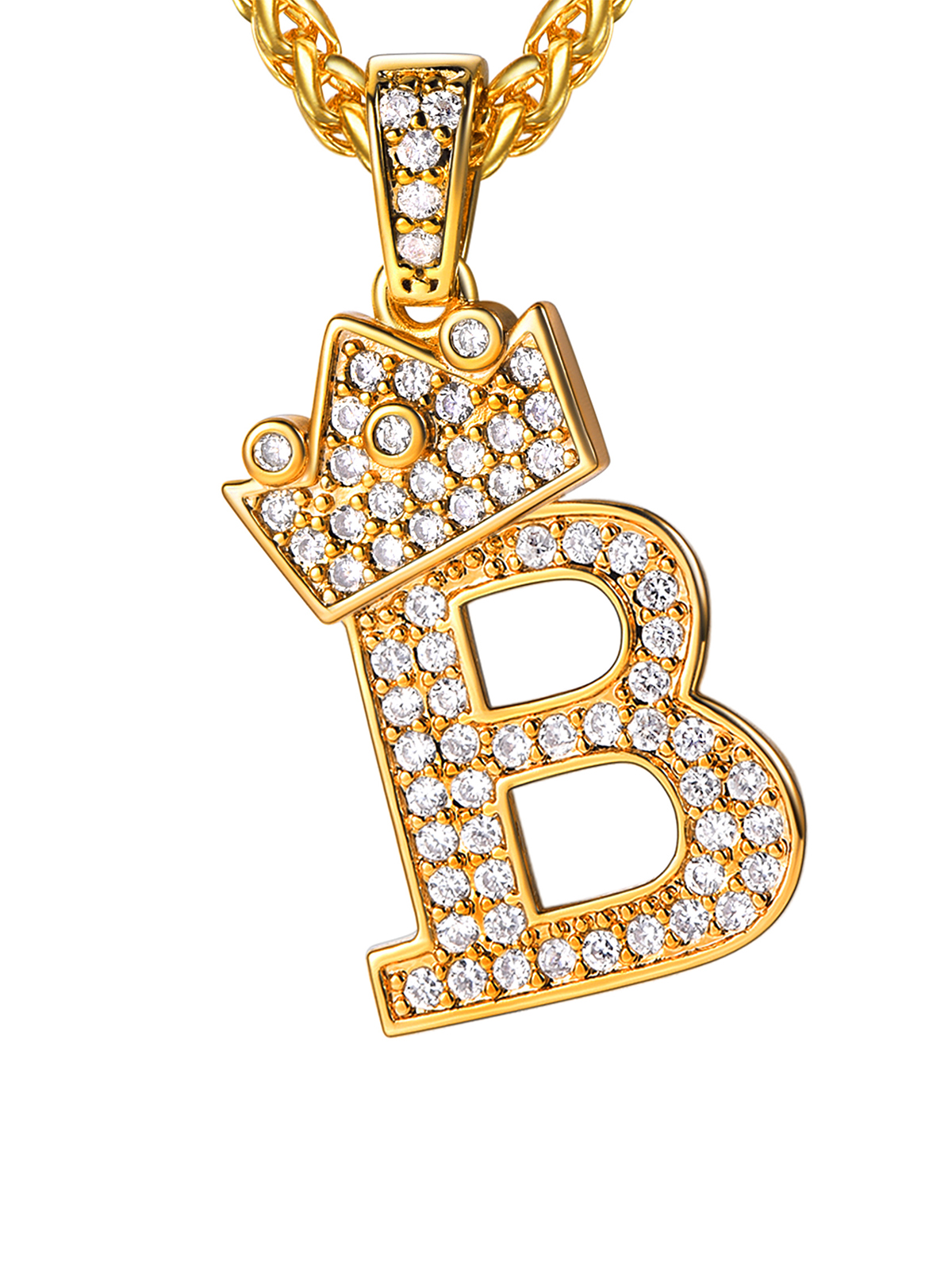 Crown Initial Pendant Iced Out Necklace with CZ in 18K Gold
