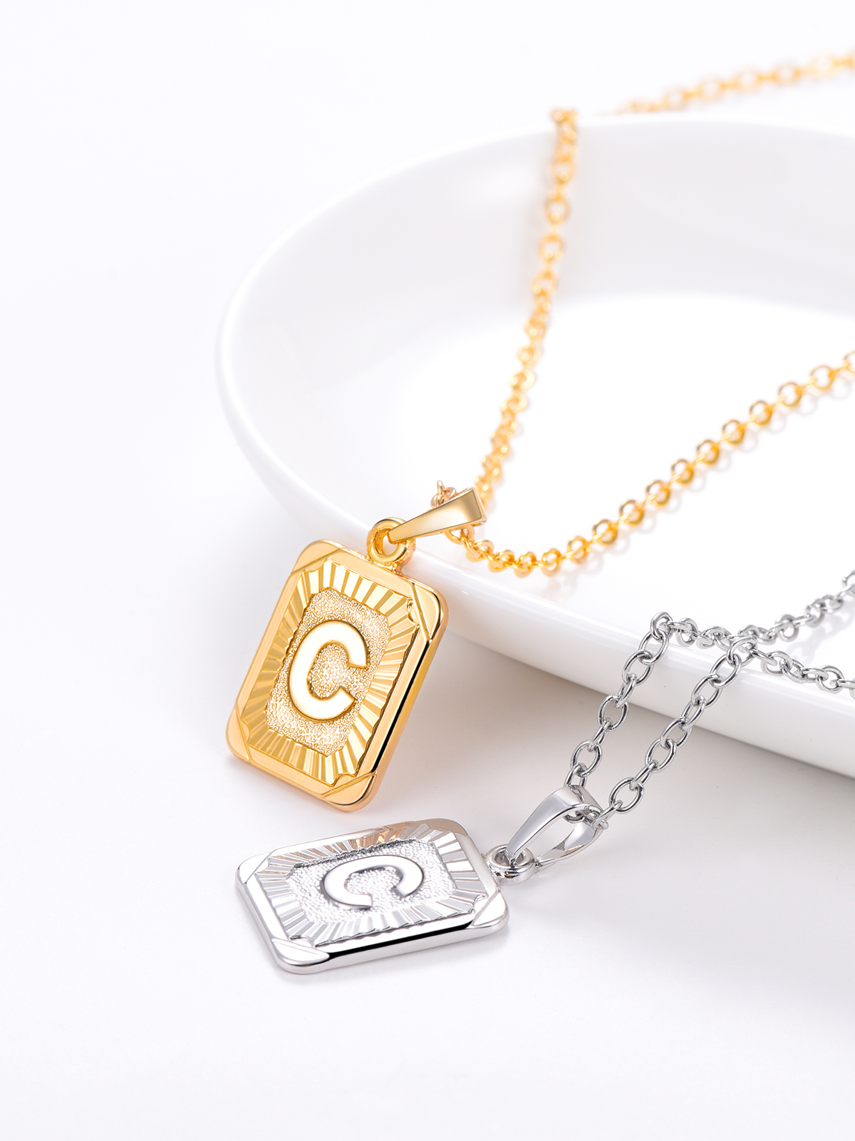 Square Initial C Pendant Monogram Necklace in Platinum Plated