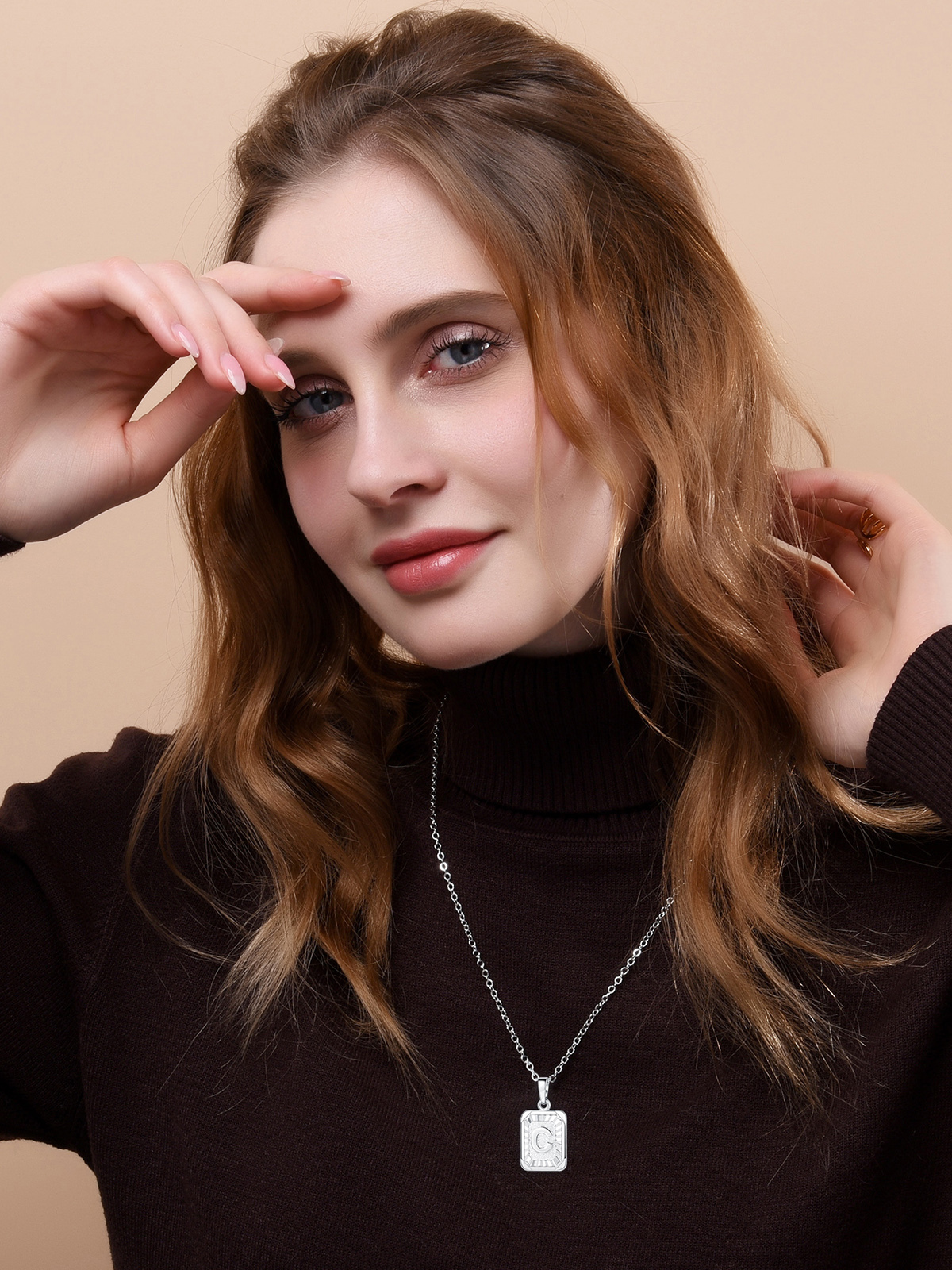Square Initial C Pendant Monogram Necklace in Platinum Plated