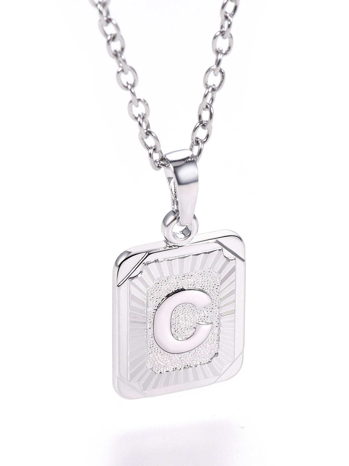 Square Initial C Pendant Monogram Necklace in Platinum Plated