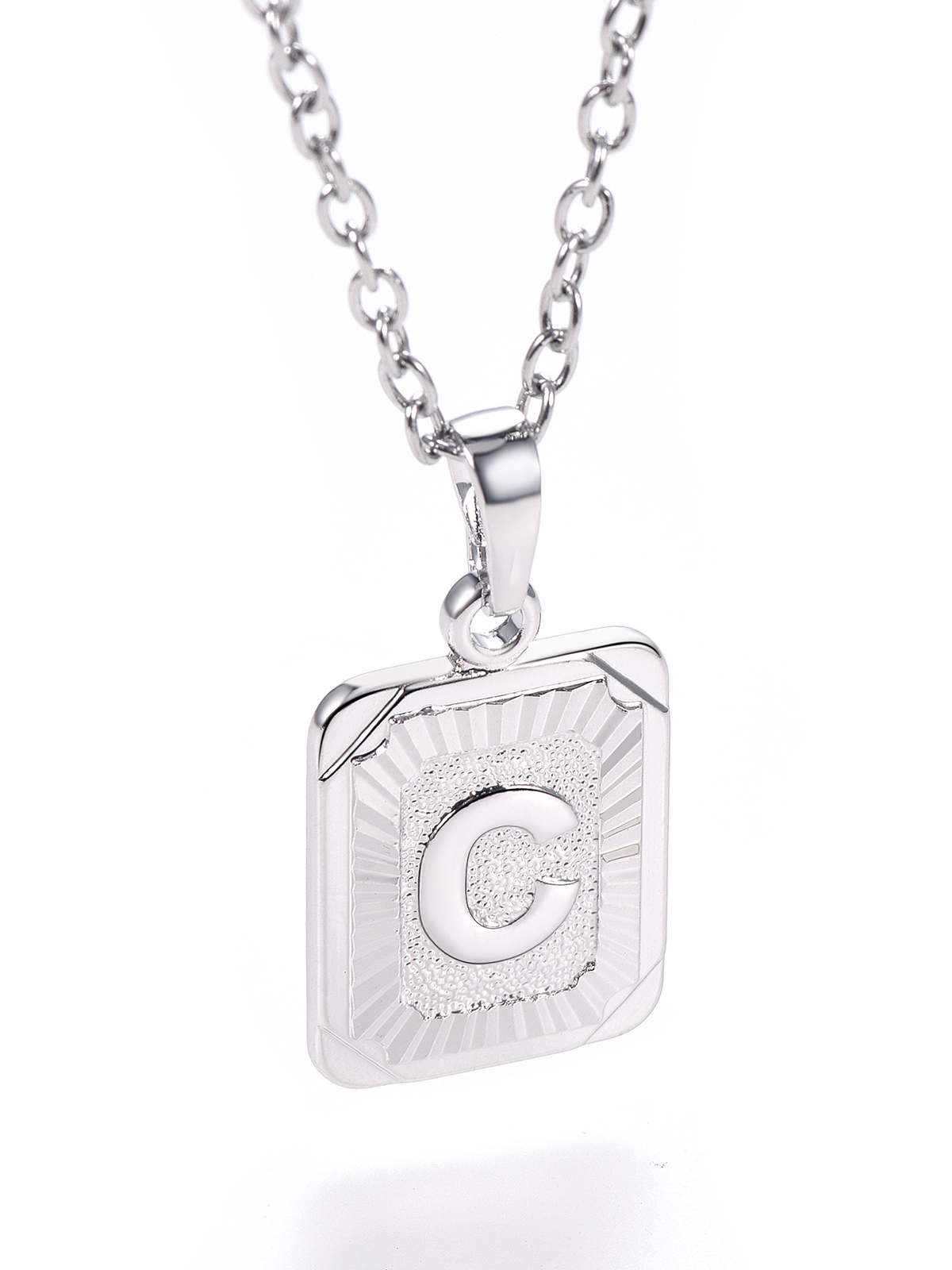 Square Initial C Pendant Monogram Necklace in Platinum Plated