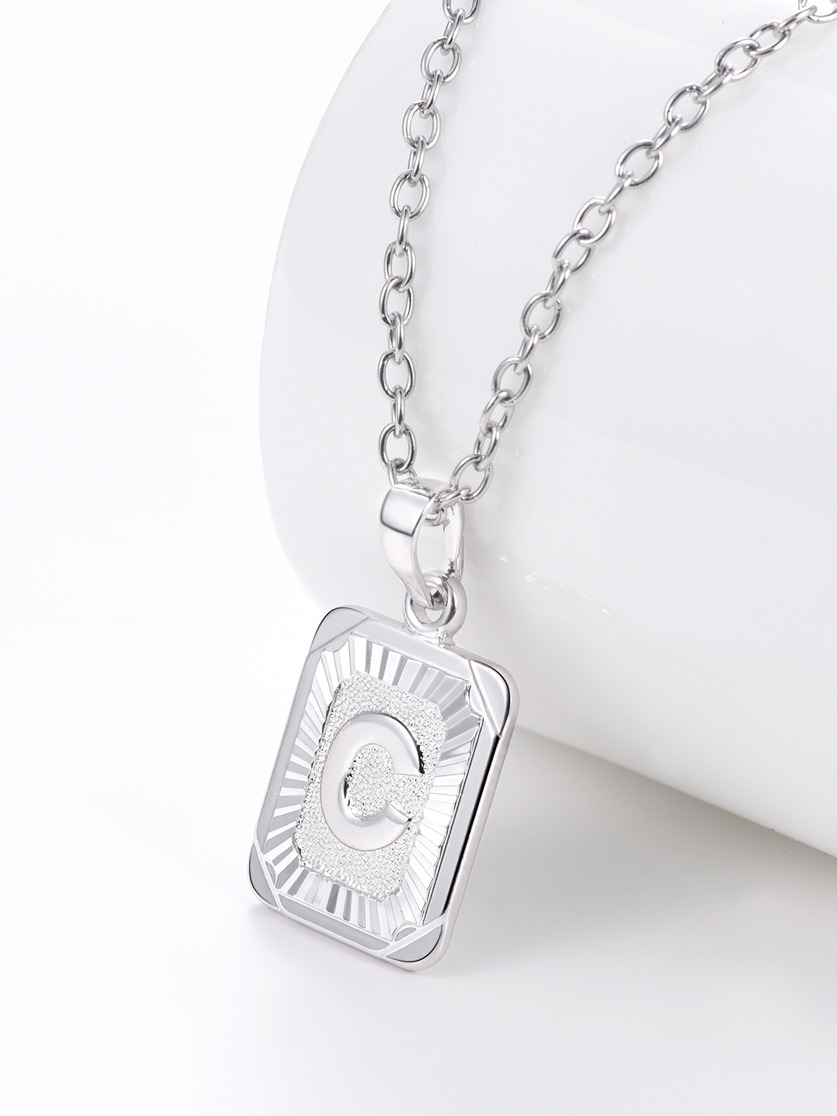 Square Initial C Pendant Monogram Necklace in Platinum Plated