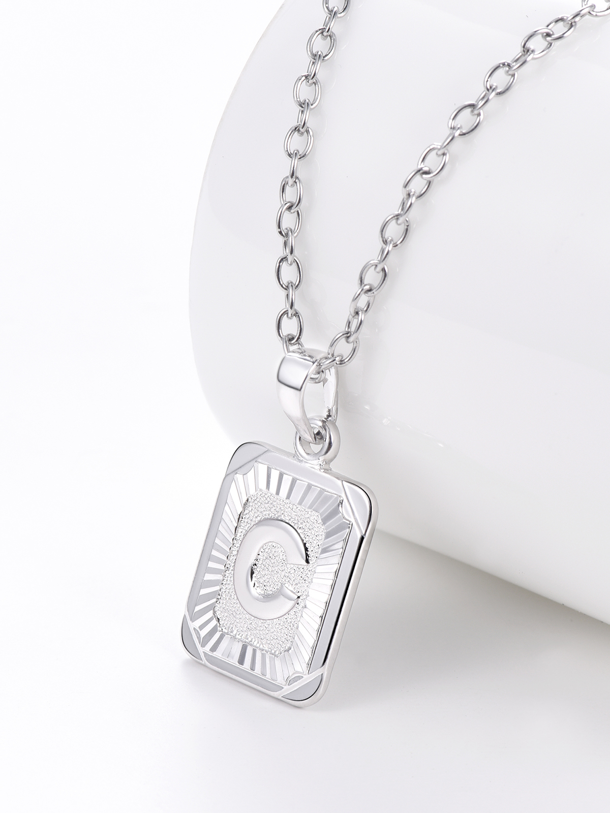 Square Initial C Pendant Monogram Necklace in Platinum Plated