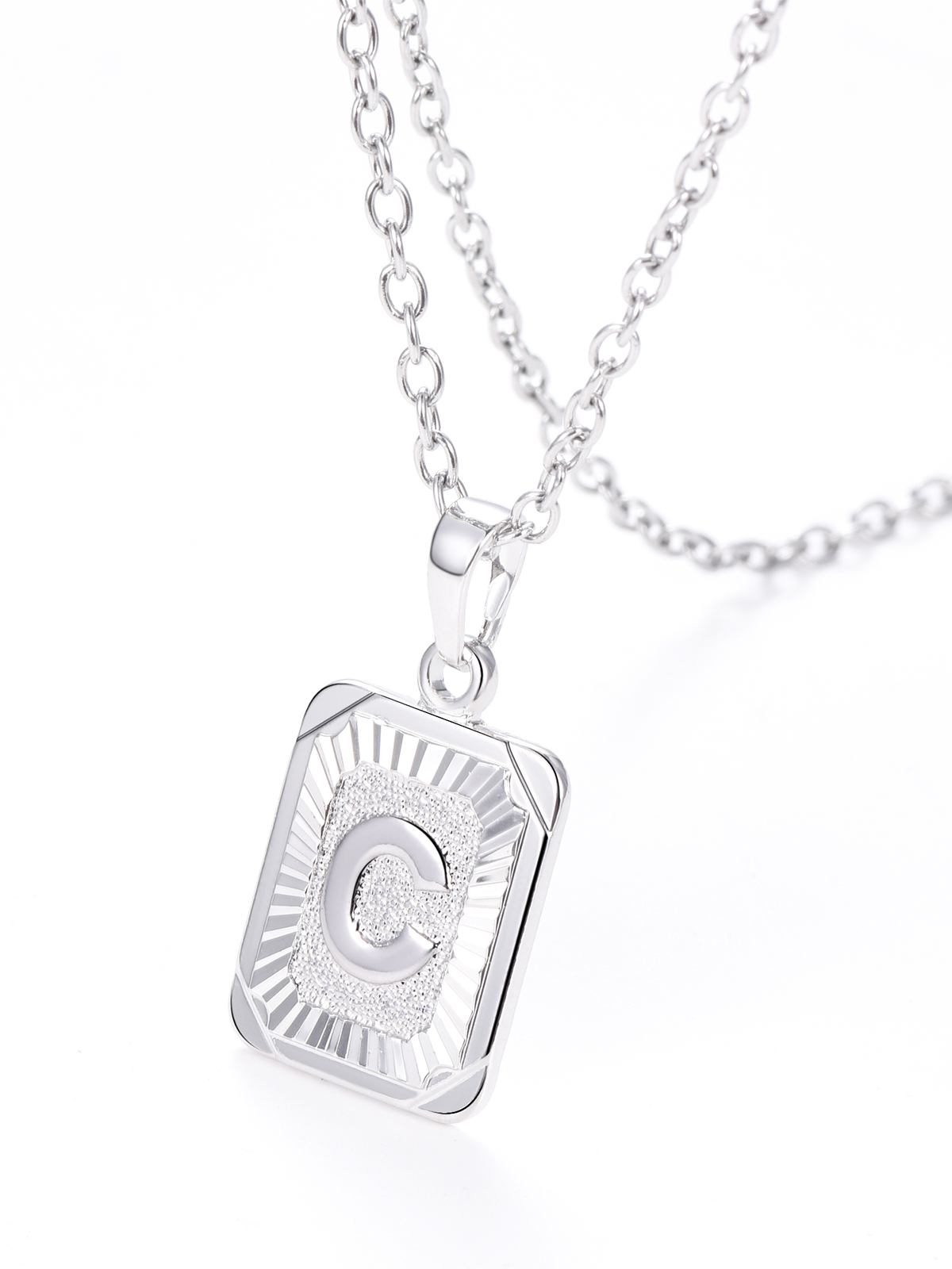Square Initial C Pendant Monogram Necklace in Platinum Plated