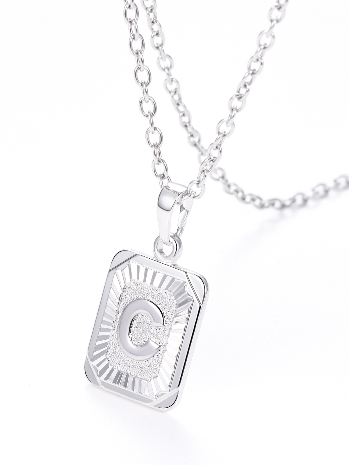 Square Initial C Pendant Monogram Necklace in Platinum Plated