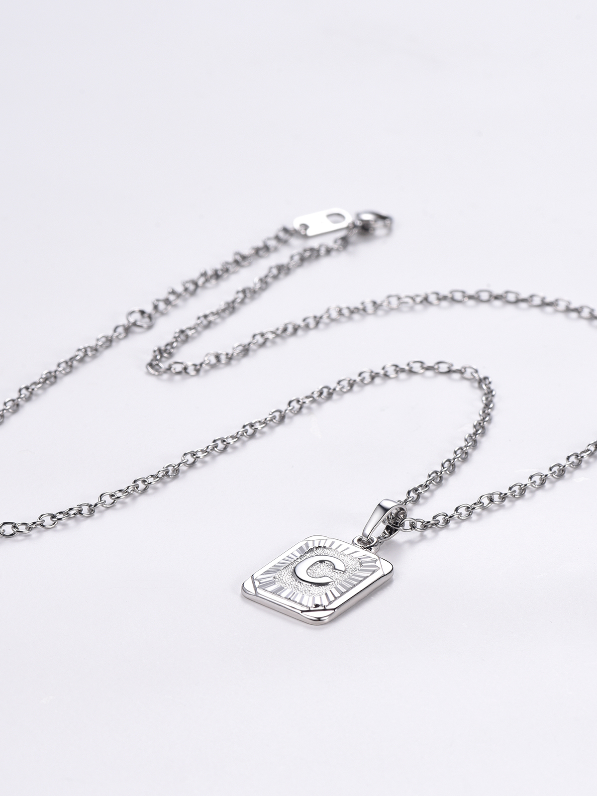 Square Initial C Pendant Monogram Necklace in Platinum Plated