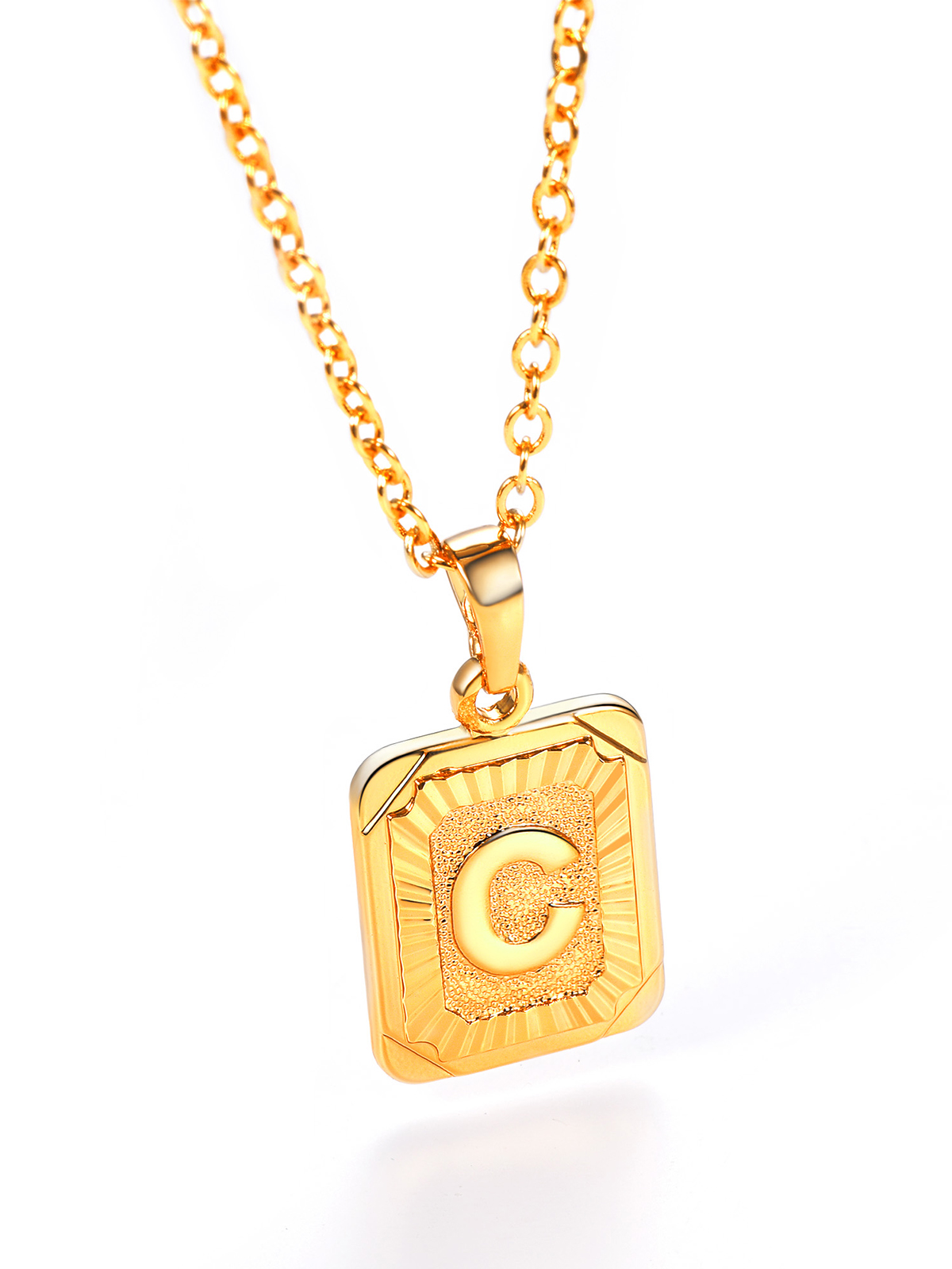 Square Initial C Pendant Monogram Necklace in 18K Gold Plated