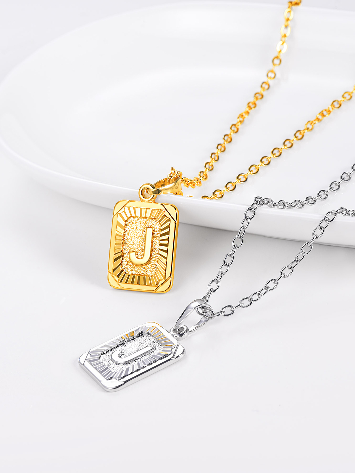 Square Initial J Pendant Monogram Necklace in Platinum Plated