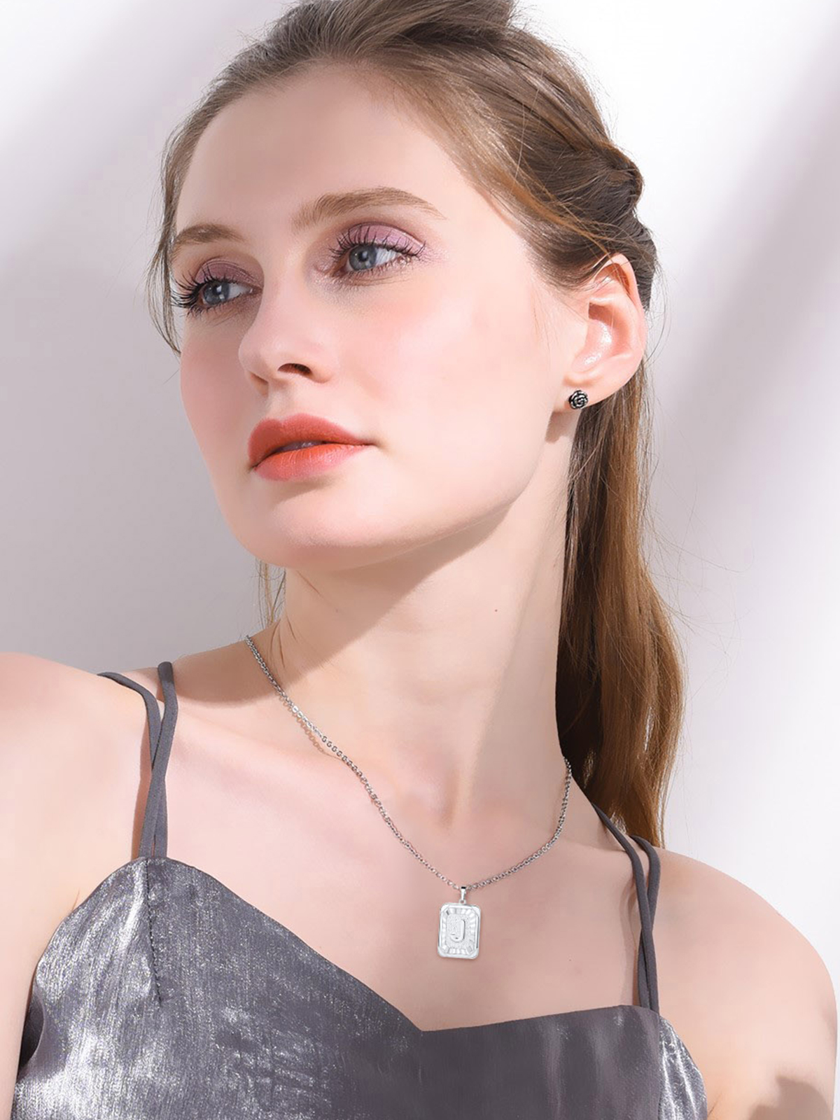Square Initial J Pendant Monogram Necklace in Platinum Plated