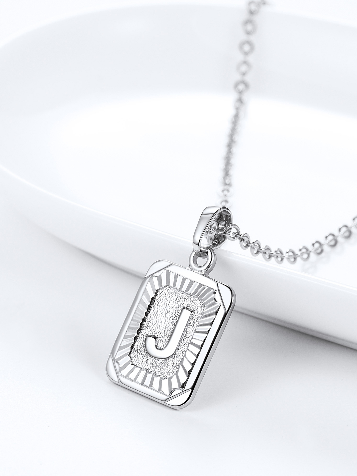 Square Initial J Pendant Monogram Necklace in Platinum Plated