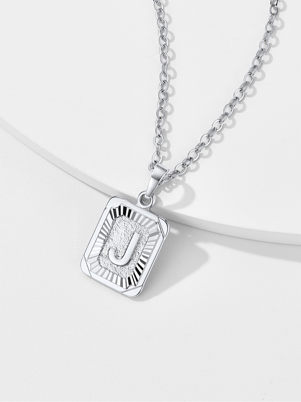 Square Initial J Pendant Monogram Necklace in Platinum Plated