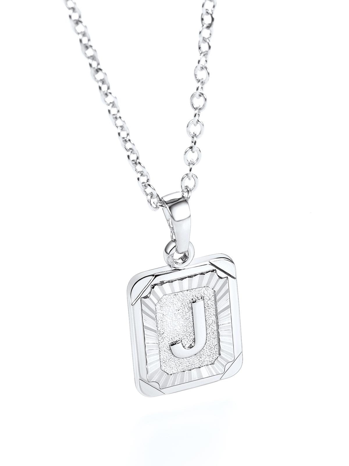 Square Initial J Pendant Monogram Necklace in Platinum Plated