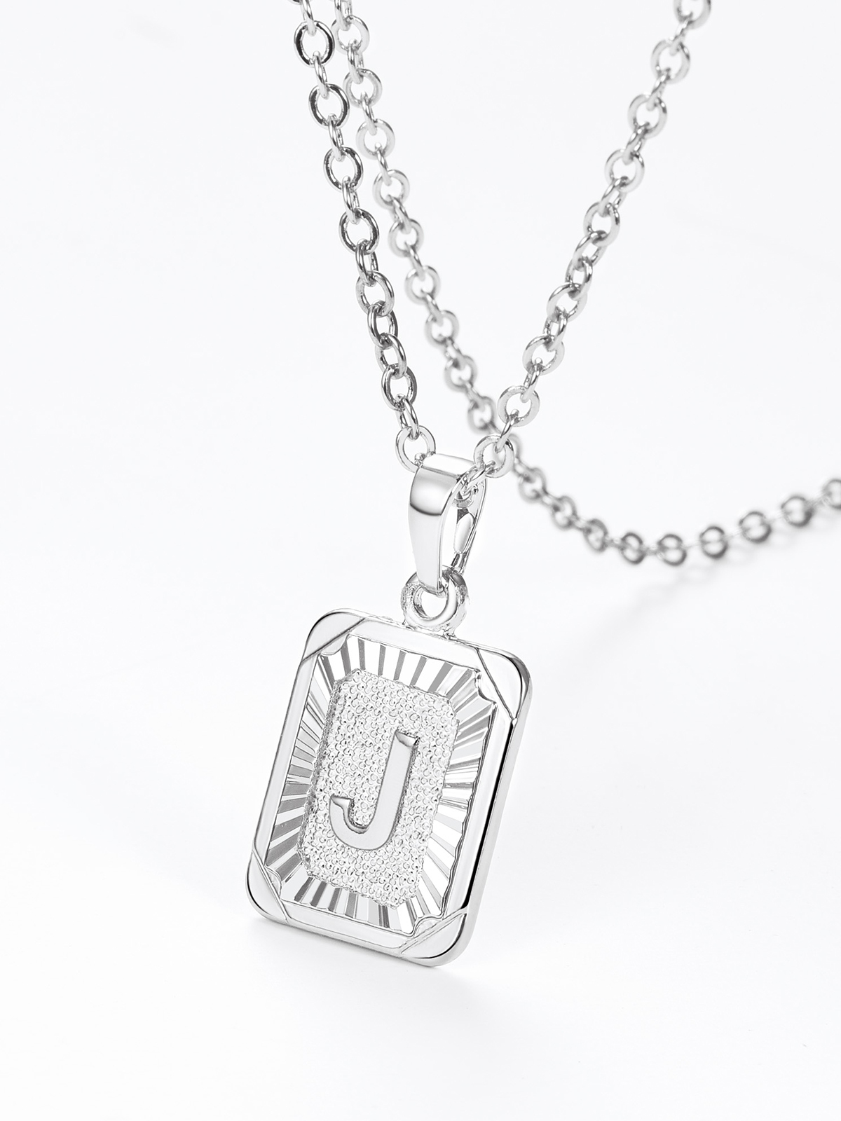 Square Initial J Pendant Monogram Necklace in Platinum Plated