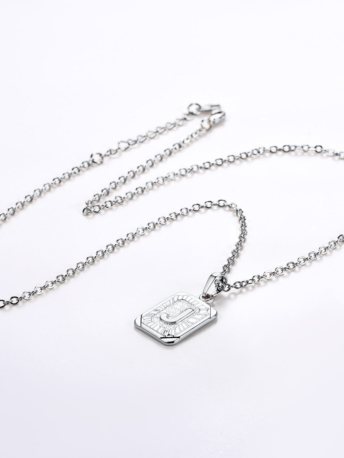 Square Initial J Pendant Monogram Necklace in Platinum Plated