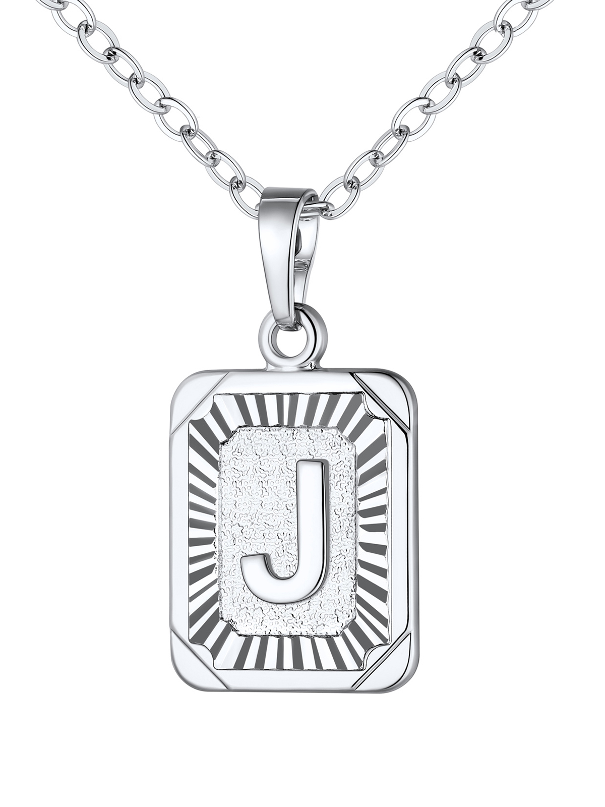 Square Initial J Pendant Monogram Necklace in Platinum Plated