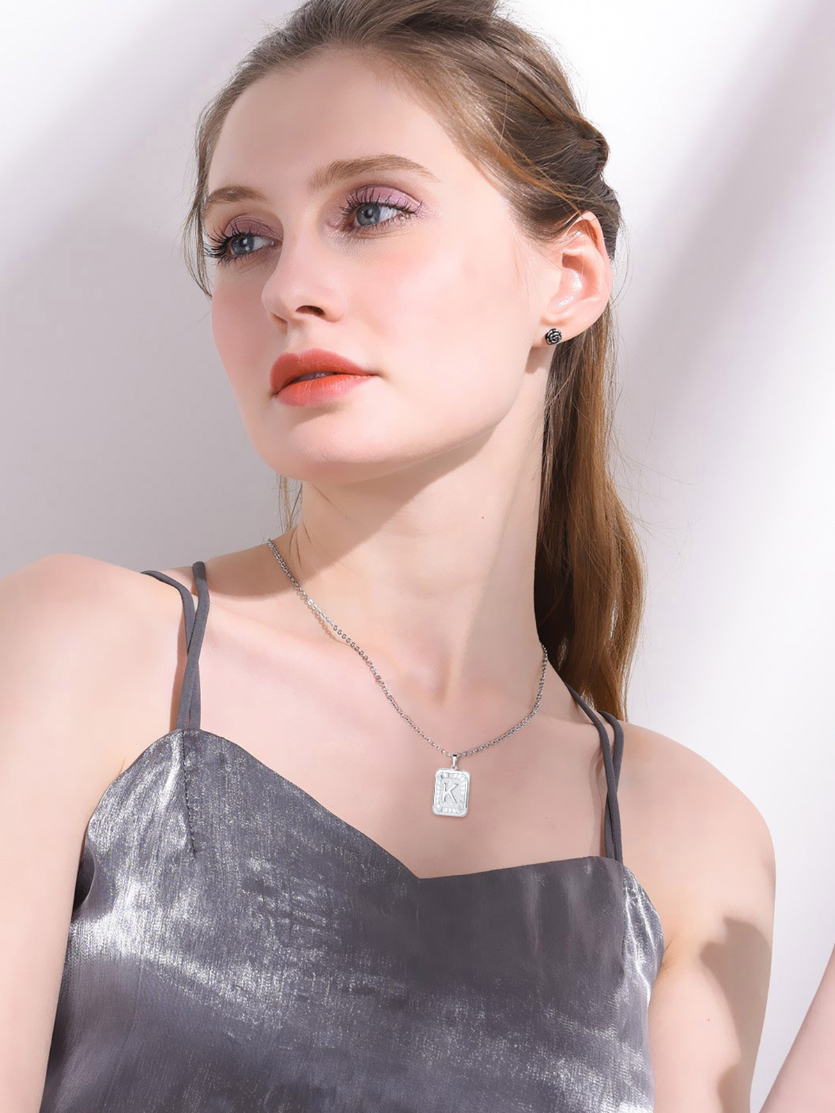 Square Initial K Pendant Monogram Necklace in Platinum